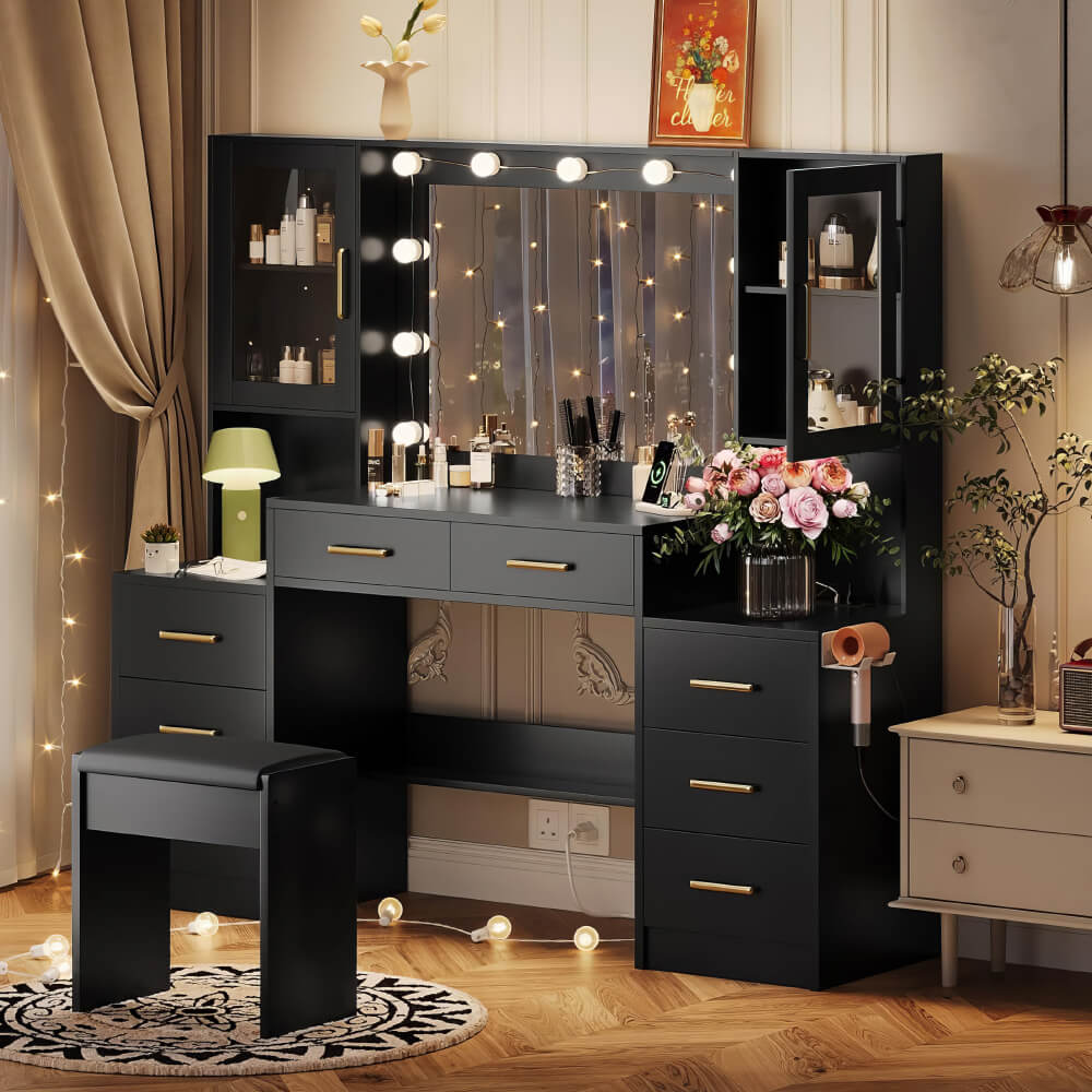 Makeup Vanity with Lights and Charging Station – Bedroom Makeup Table Set