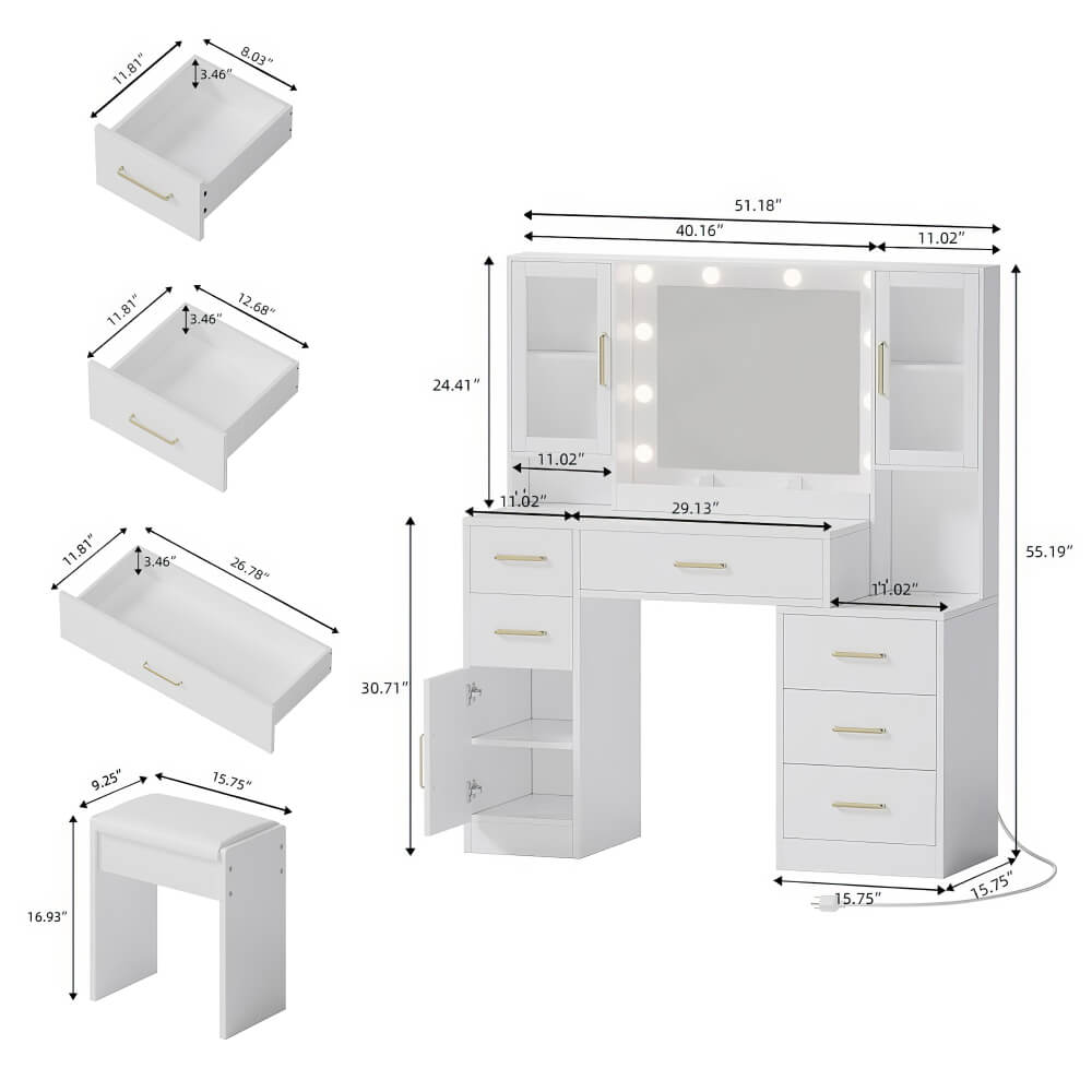 Makeup Vanity with Lights and Charging Station – Bedroom Makeup Table Set