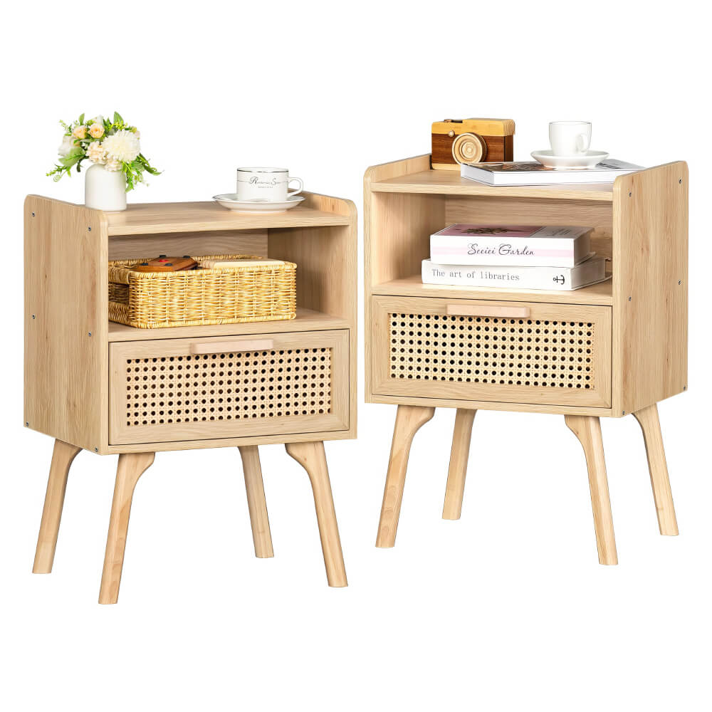 Boho Rattan Nightstand with Cane Drawer & Solid Wood Legs – Stylish Bedside Storage Table