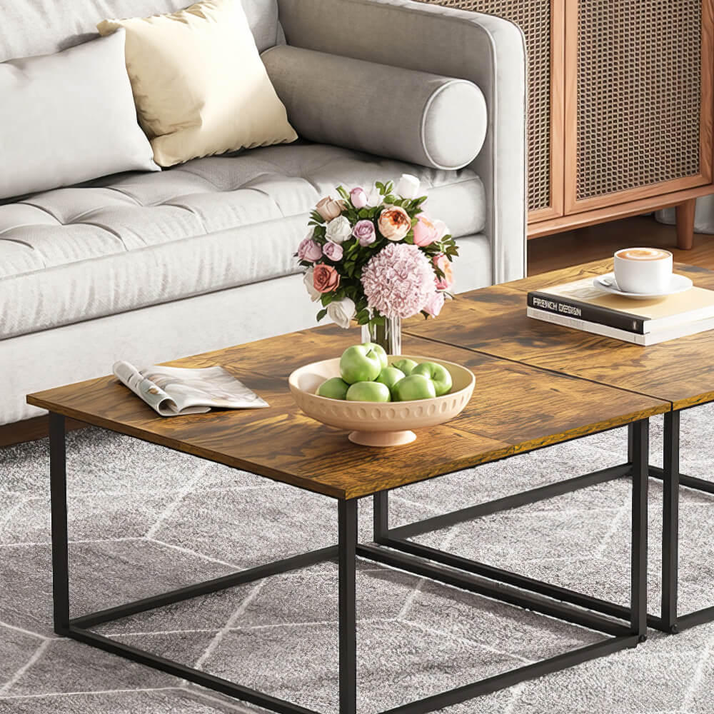 Small Modern Wood Coffee Table with Rustic Brown Top and Black Steel Base