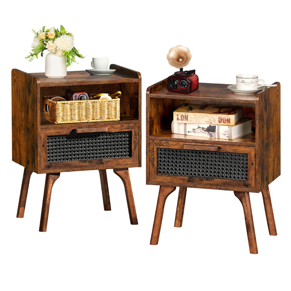 Boho Rattan Nightstand with Cane Drawer & Solid Wood Legs – Stylish Bedside Storage Table