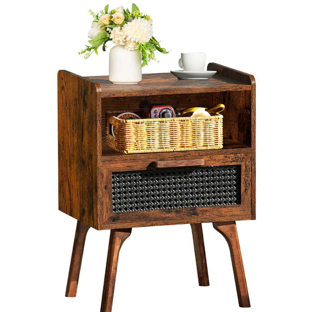 Boho Rattan Nightstand with Cane Drawer & Solid Wood Legs – Stylish Bedside Storage Table