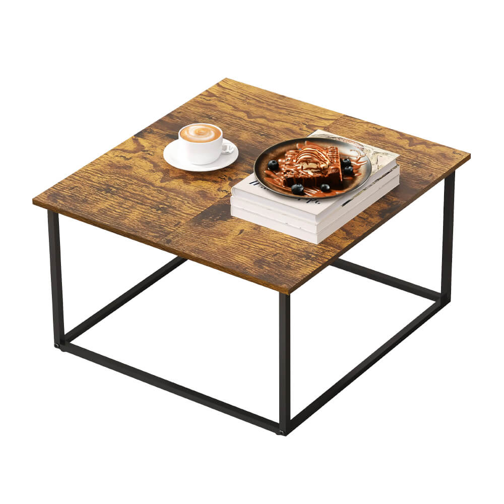 Small Modern Wood Coffee Table with Rustic Brown Top and Black Steel Base