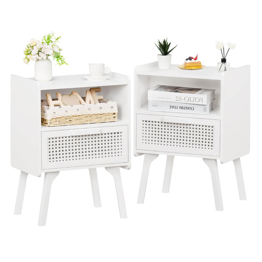 Boho Rattan Nightstand with Cane Drawer & Solid Wood Legs – Stylish Bedside Storage Table