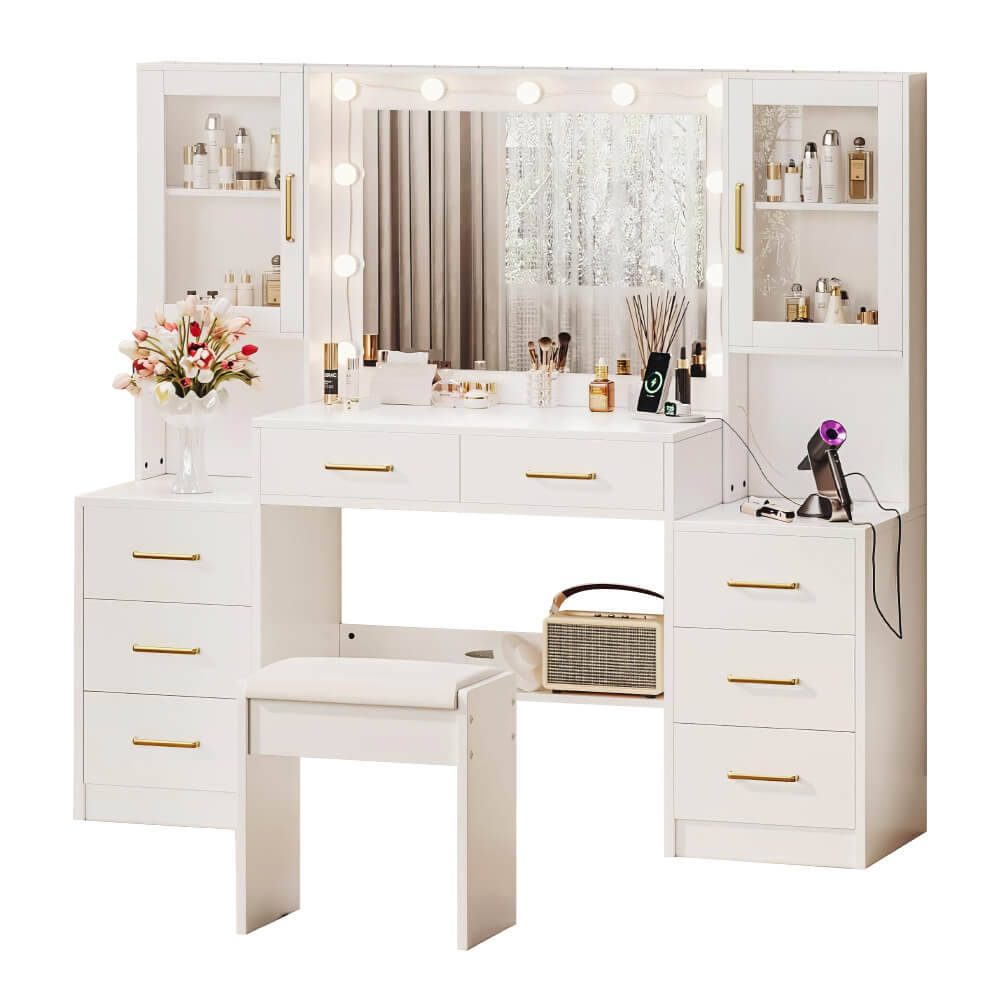Makeup Vanity with Lights and Charging Station – Bedroom Makeup Table Set