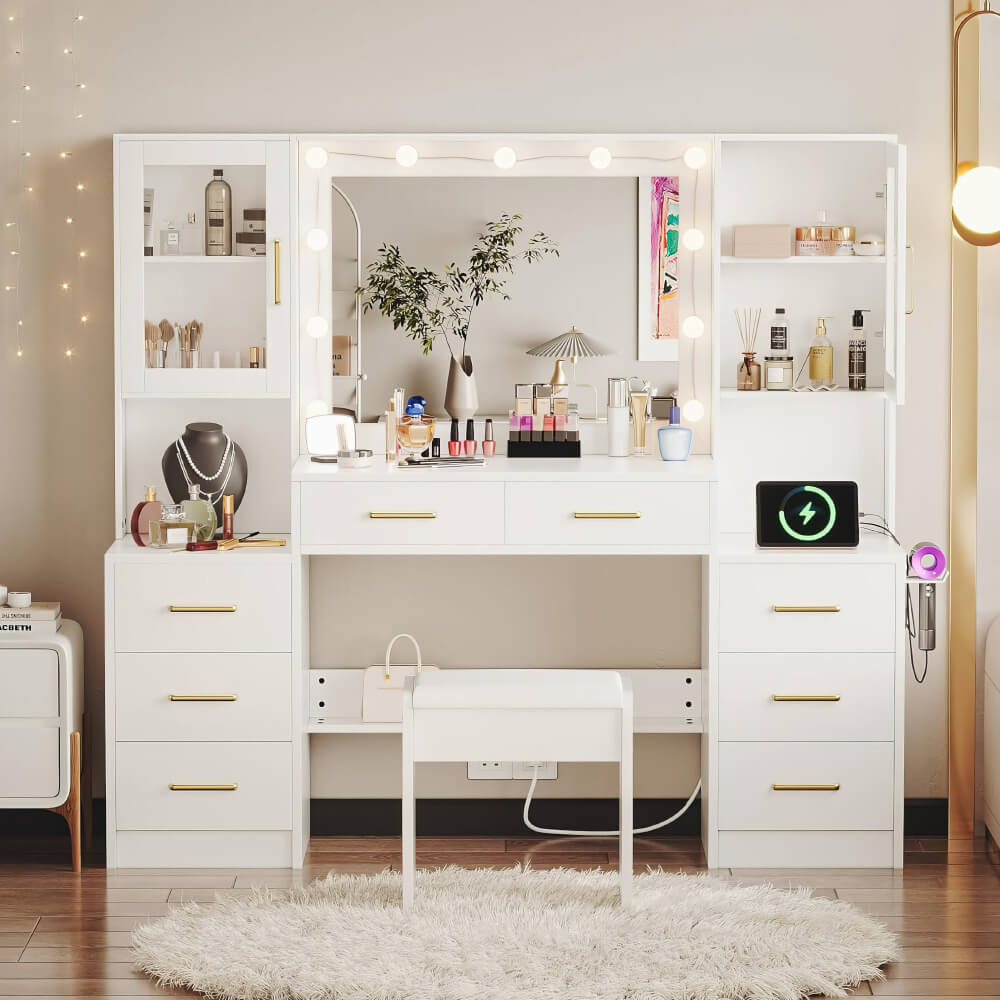 Makeup Vanity with Lights and Charging Station – Bedroom Makeup Table Set