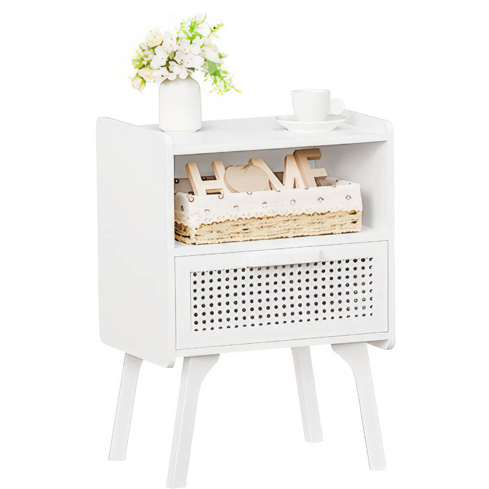 Boho Rattan Nightstand with Cane Drawer & Solid Wood Legs – Stylish Bedside Storage Table