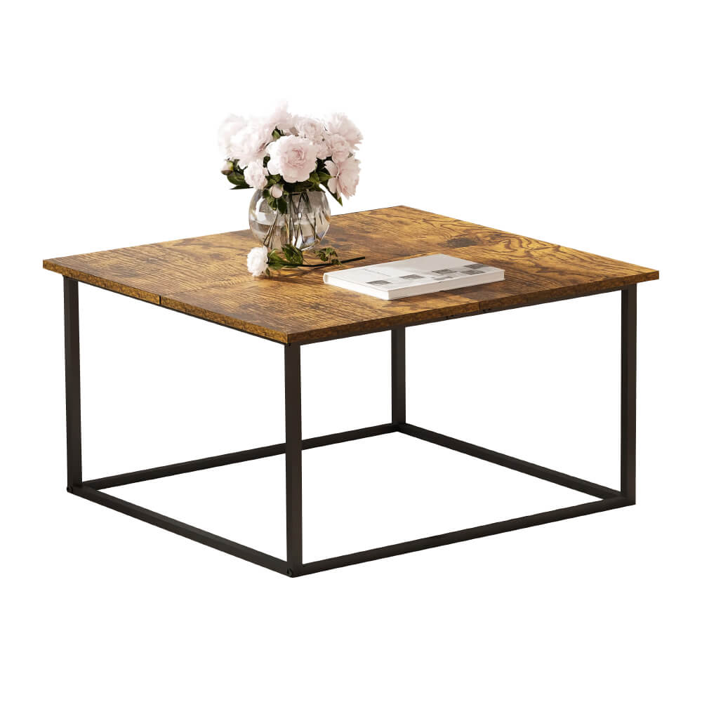 Small Modern Wood Coffee Table with Rustic Brown Top and Black Steel Base