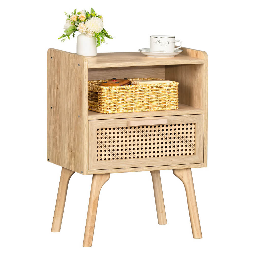 Boho Rattan Nightstand with Cane Drawer & Solid Wood Legs – Stylish Bedside Storage Table