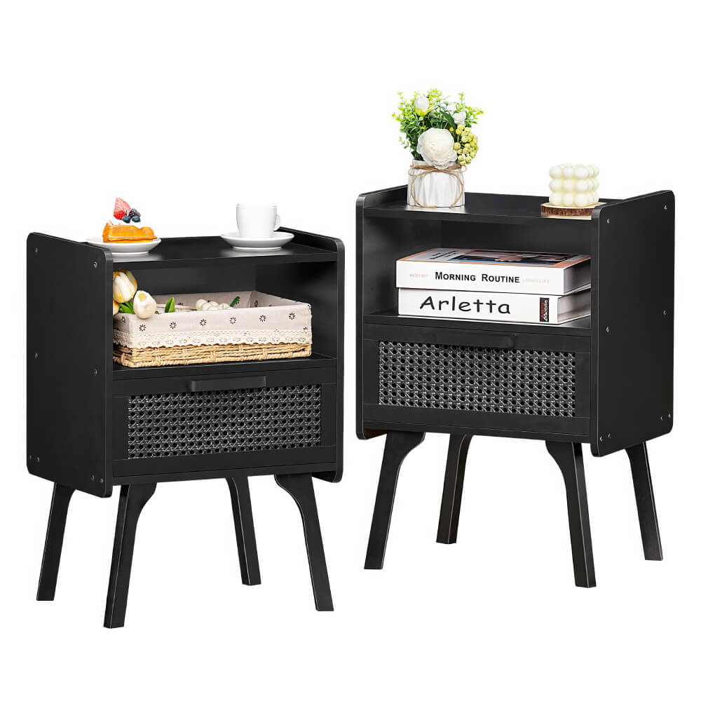 Boho Rattan Nightstand with Cane Drawer & Solid Wood Legs – Stylish Bedside Storage Table