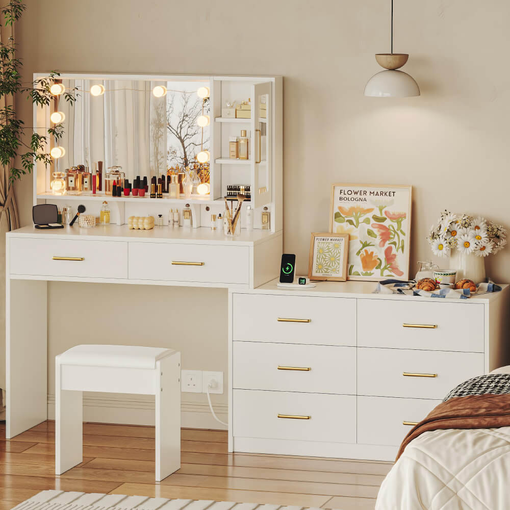 Makeup Vanity with Lights and Charging Station – Bedroom Makeup Table Set
