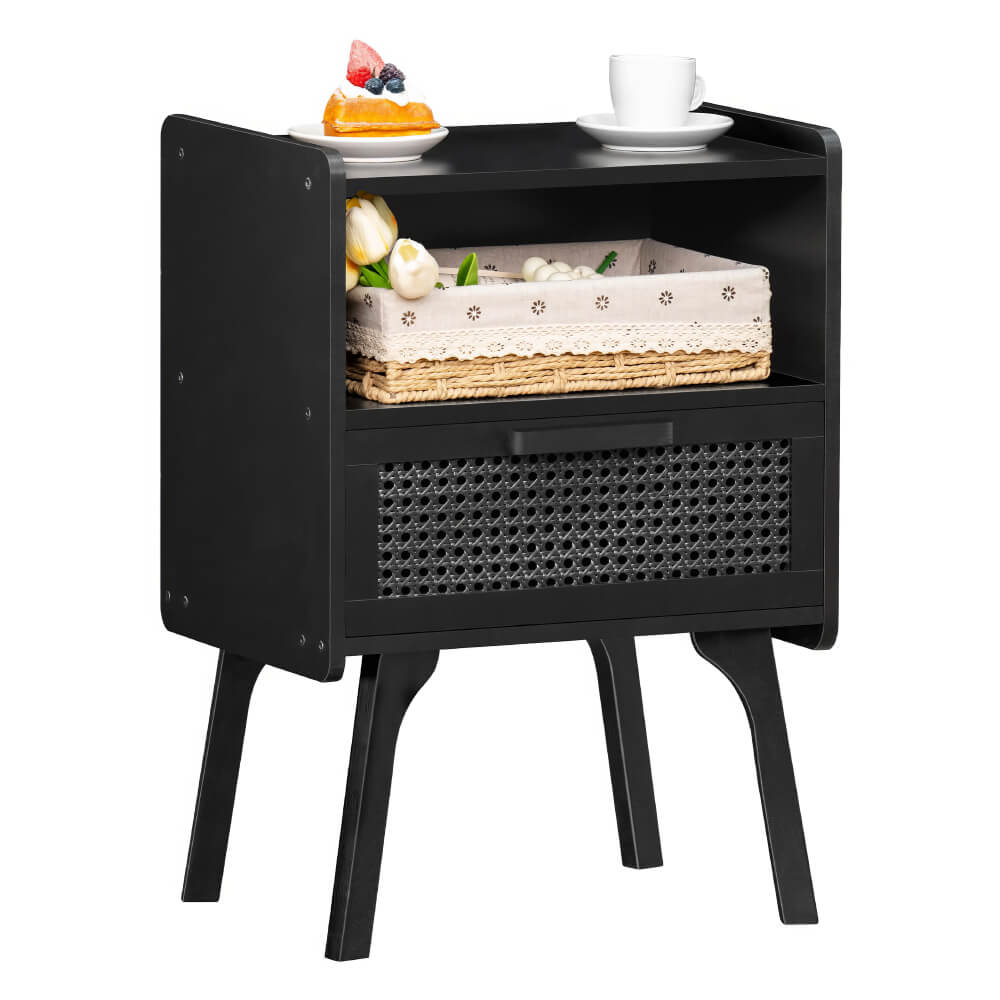 Boho Rattan Nightstand with Cane Drawer & Solid Wood Legs – Stylish Bedside Storage Table