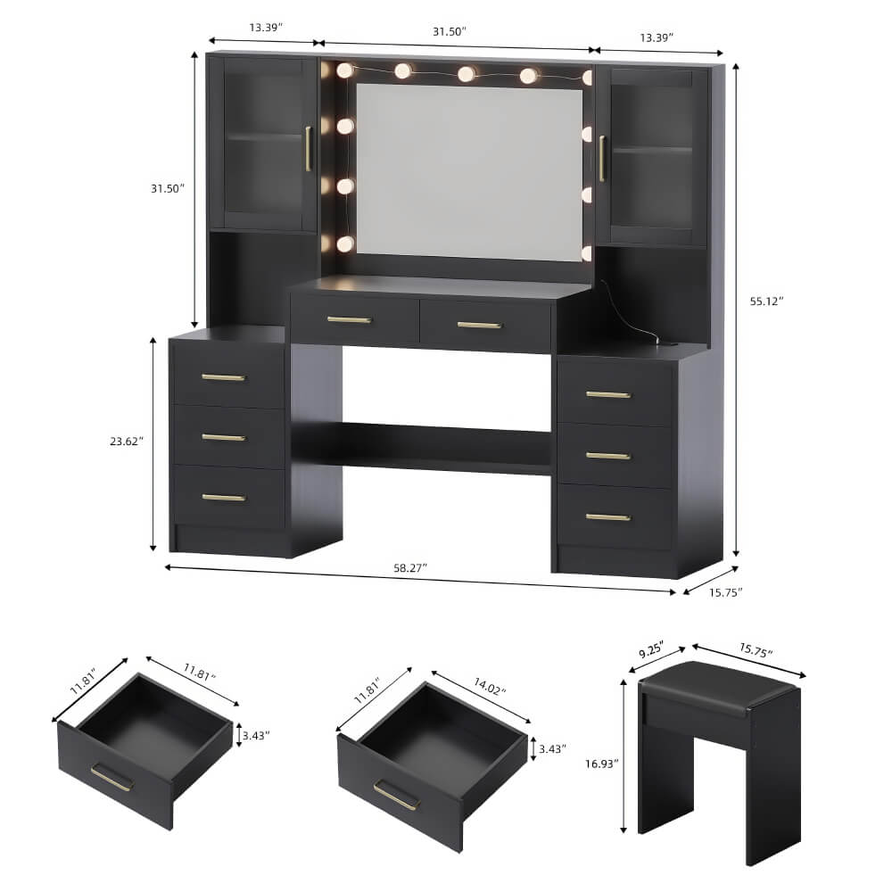 Makeup Vanity with Lights and Charging Station – Bedroom Makeup Table Set