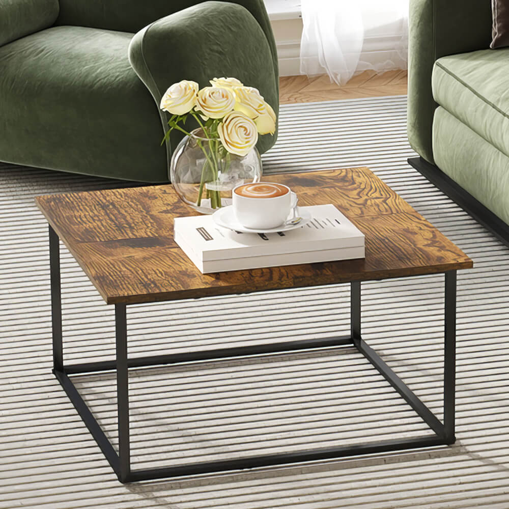 Small Modern Wood Coffee Table with Rustic Brown Top and Black Steel Base