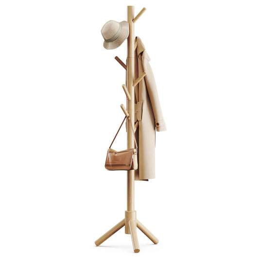 Height-Adjustable Solid Wood Coat Rack with 8 Hooks – Polished Brown Finish
