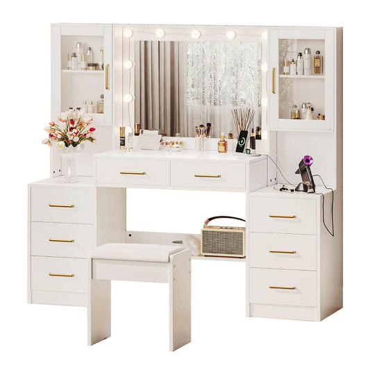 Makeup Vanity with Lights and Charging Station – Bedroom Makeup Table Set