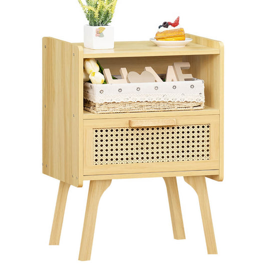 Boho Rattan Nightstand with Cane Drawer & Solid Wood Legs – Stylish Bedside Storage Table