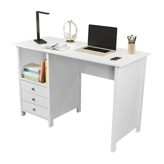 Sleek Modern White Office Desk with 3 Drawers & Open Shelf – Spacious & Durable Workspace